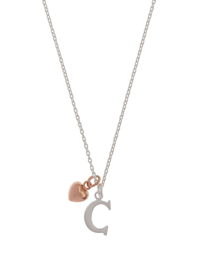 Sterling Silver Initial Necklace with Heart Charm - C, , large