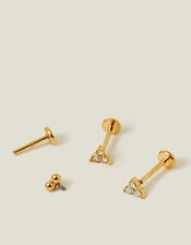 3-Pack 14ct Gold-Plated Crystal Flatback Stud Earrings, , large