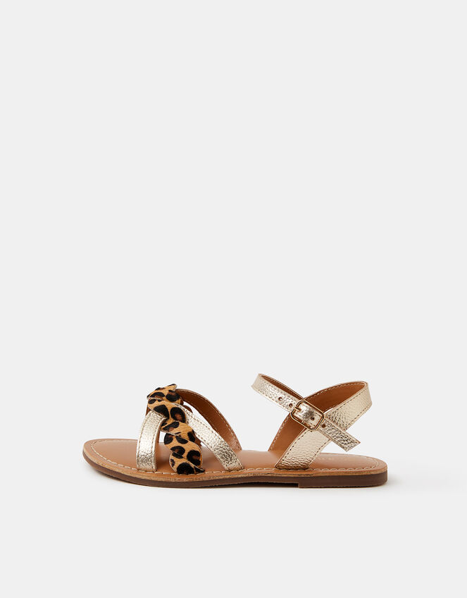 Girls Leopard Print Metallic Leather Sandals, Gold (GOLD), large