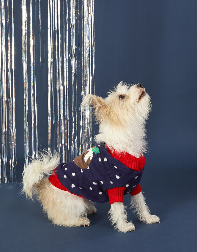 Christmas Pudding Dog Jumper, Blue (NAVY), large