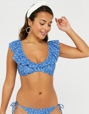 Floral Frill Triangle Bikini Top, Blue (BLUE), large