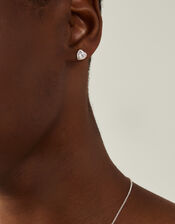Sterling Silver-Plated Diamante Heart Stud Earrings, , large