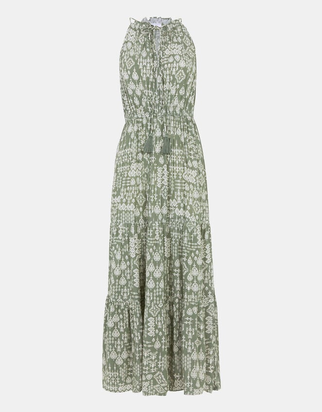Printed Halter Neck Maxi Dress, Green (KHAKI), large