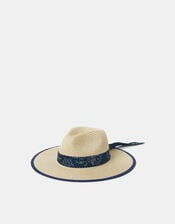 Paisley Bandana Straw Fedora Hat, , large