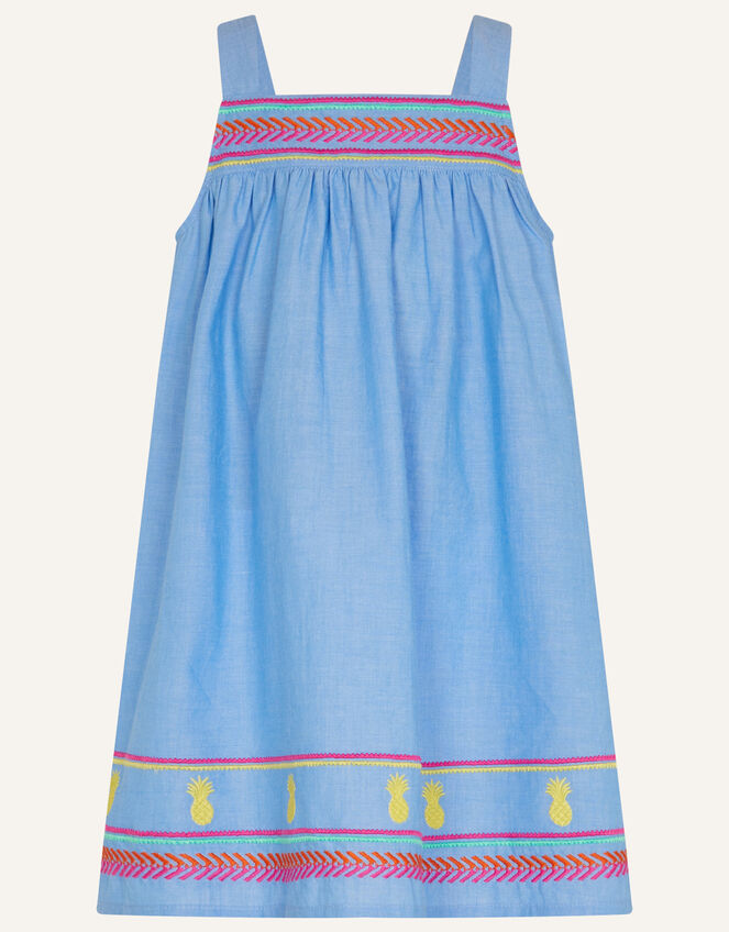 Chambray Embroidered Dress, Blue (BLUE), large