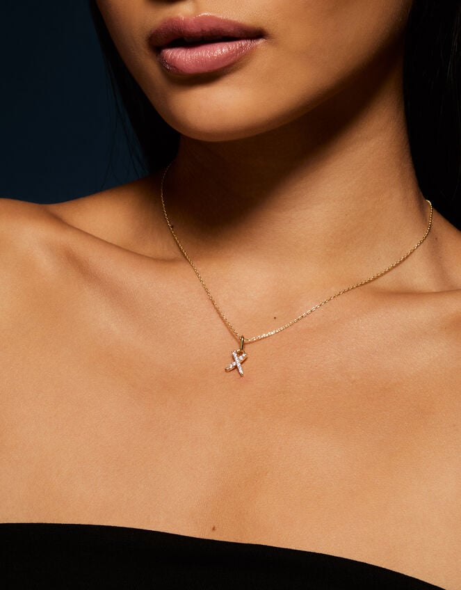 14ct Gold-Plated Pavé X Pendant Necklace, , large