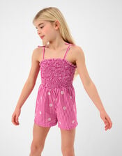 Girls Stripe Daisy Embroidered Playsuit, Pink (PINK), large