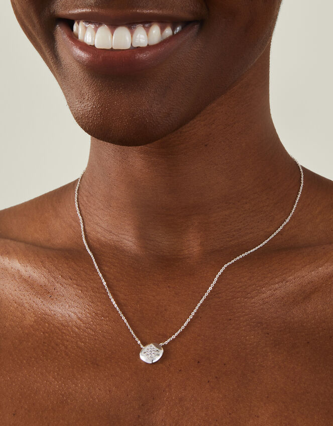Sterling Silver-Plated Diamante Disc Pendant Necklace, , large