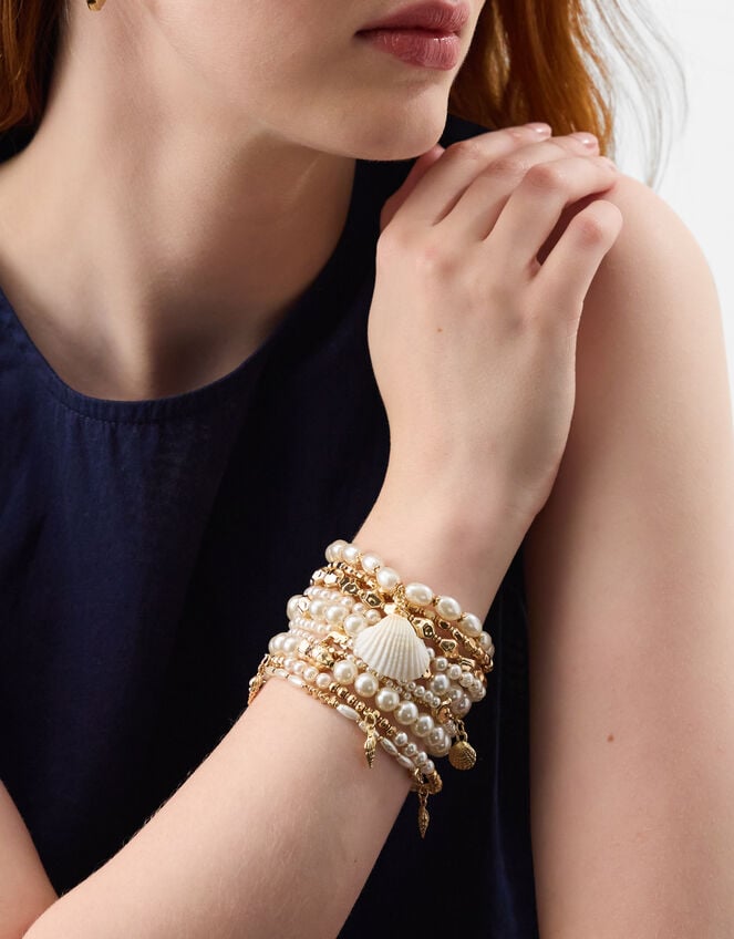 10-Pack Sealife Charm Pearl Stretch Bracelets, , large