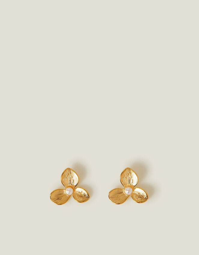 14ct Gold-Plated Pearl Flower Stud Earrings, , large