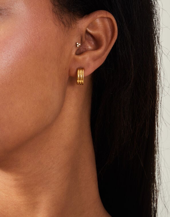 14ct Gold-Plated Ridge Huggie Hoop Earrings, , large