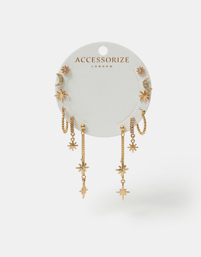 6-Pack Celestial Chain Stud and Hoop Earrings Gold, , large