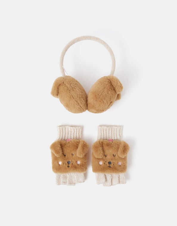 Girls Dog Faux Fur Earmuffs & Mittens Set, Tan (TAN), large