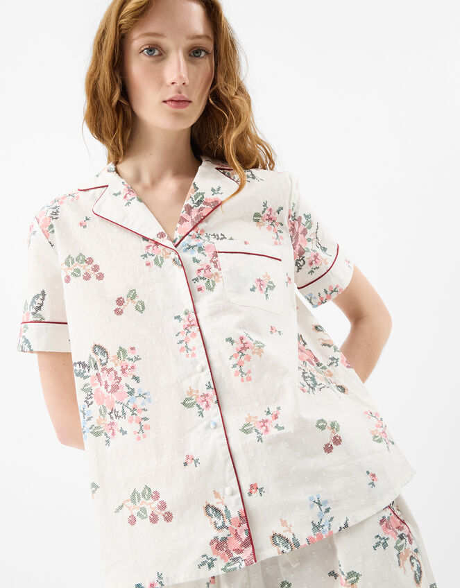 Floral Print Cotton Shorts Pyjamas Set, Ivory (IVORY), large