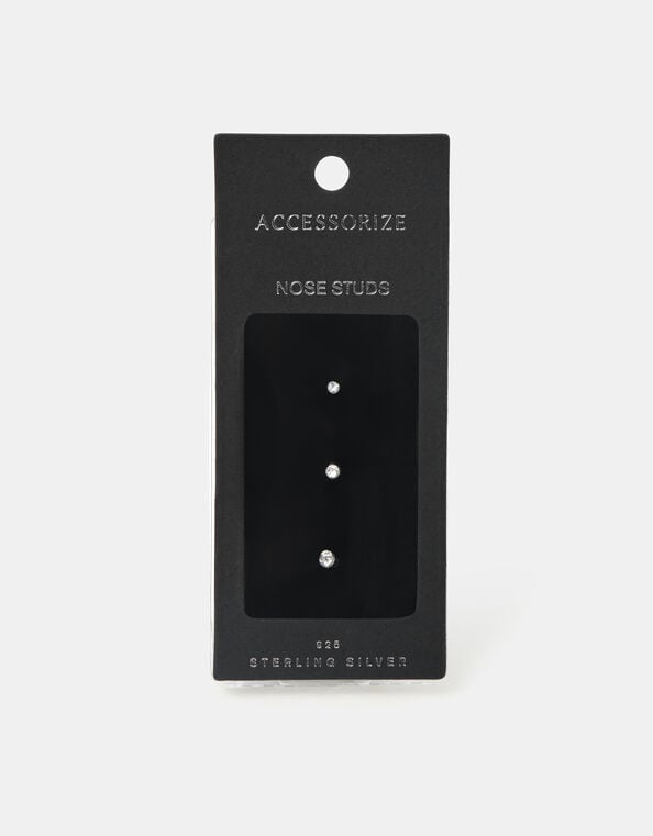 3-Pack Sterling Silver Diamanté Nose Studs, , large