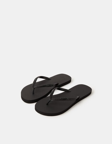 Crystal Embellished Flip Flops, Black (BLACK), large