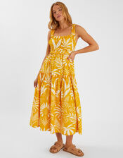 Palm Print Sleeveless Midi Dress, Yellow (YELLOW), large