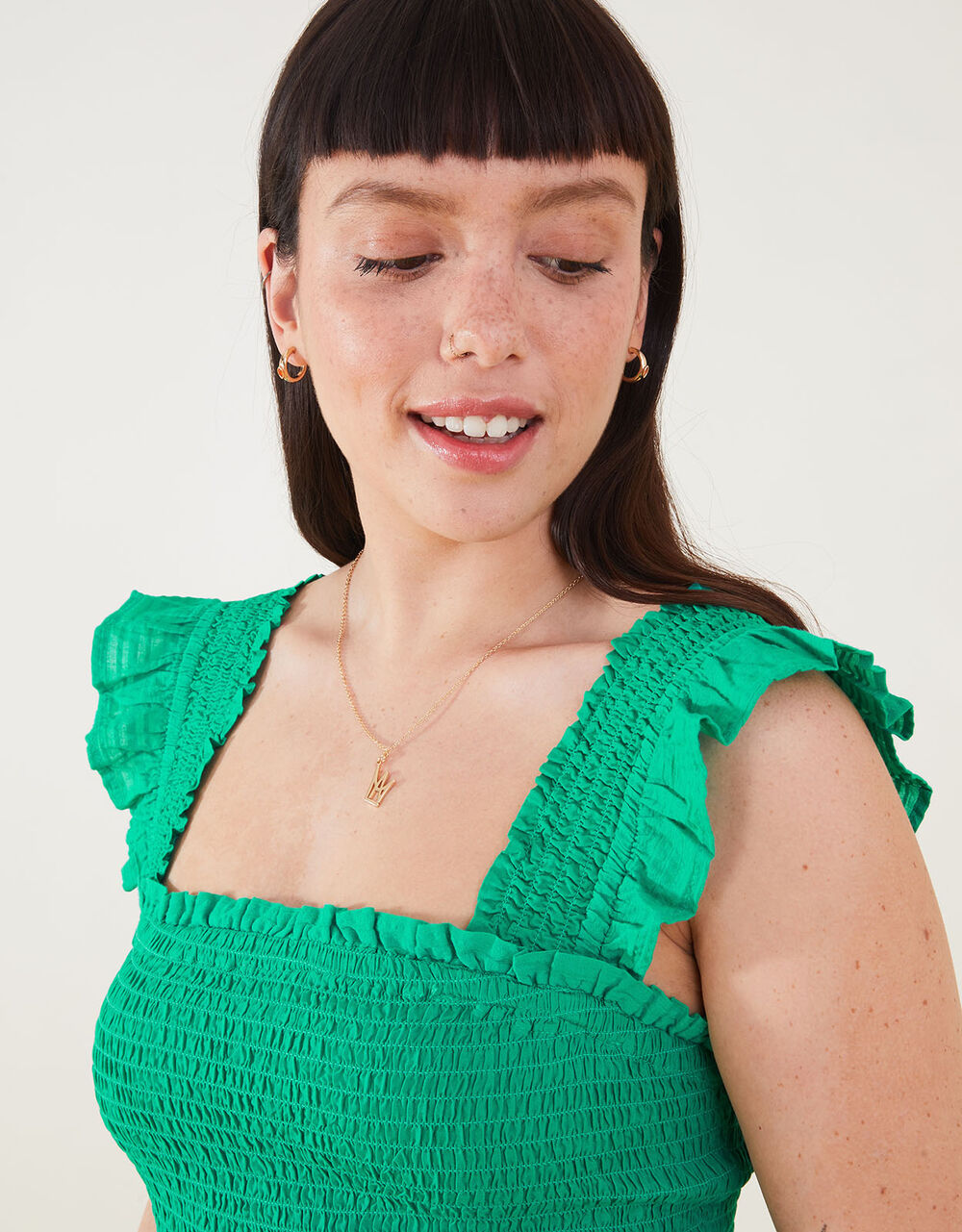 Frill Shoulder Shirred Midi Dress Green Beach holiday dresses