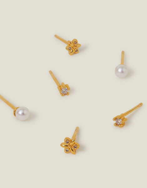 3-Pack 14ct Gold-Plated Pearl Flower Stud Earrings, , large