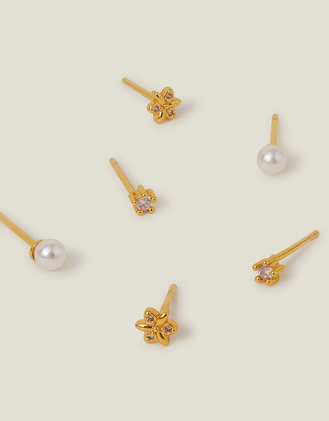 3-Pack 14ct Gold-Plated Pearl Flower Stud Earrings, , large