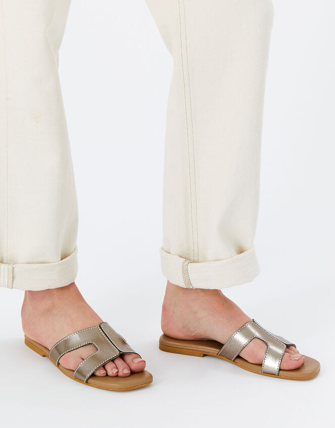 Contrast Stitch Leather Sandals , Metallic (METALLICS), large