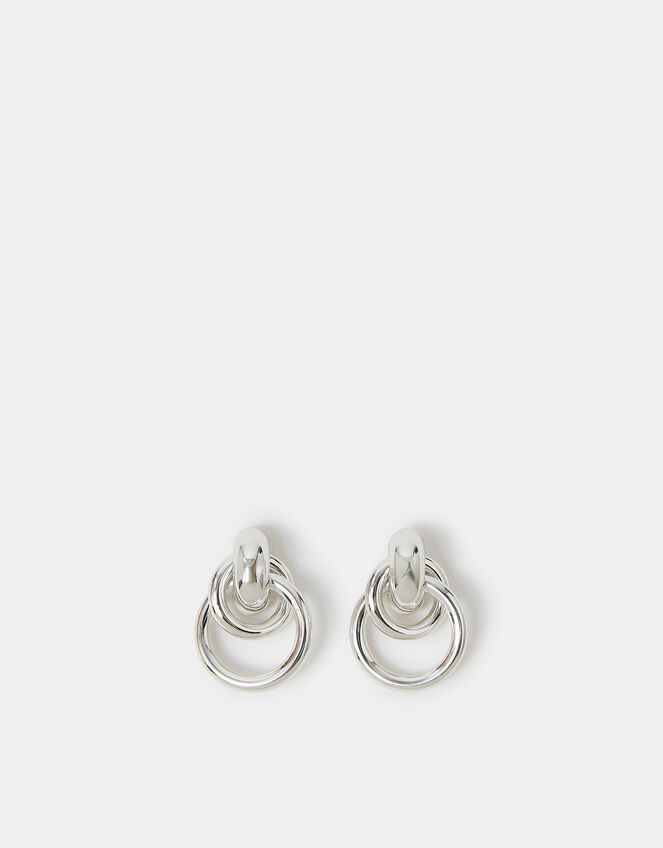 Sterling Silver-Plated Round Link Hoop Earrings, , large