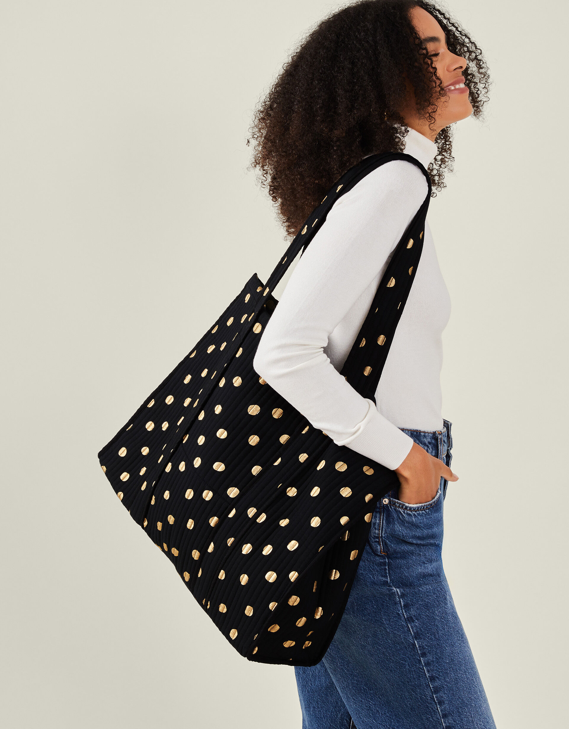 Quilted Polka Dot Shopper Tote Bag