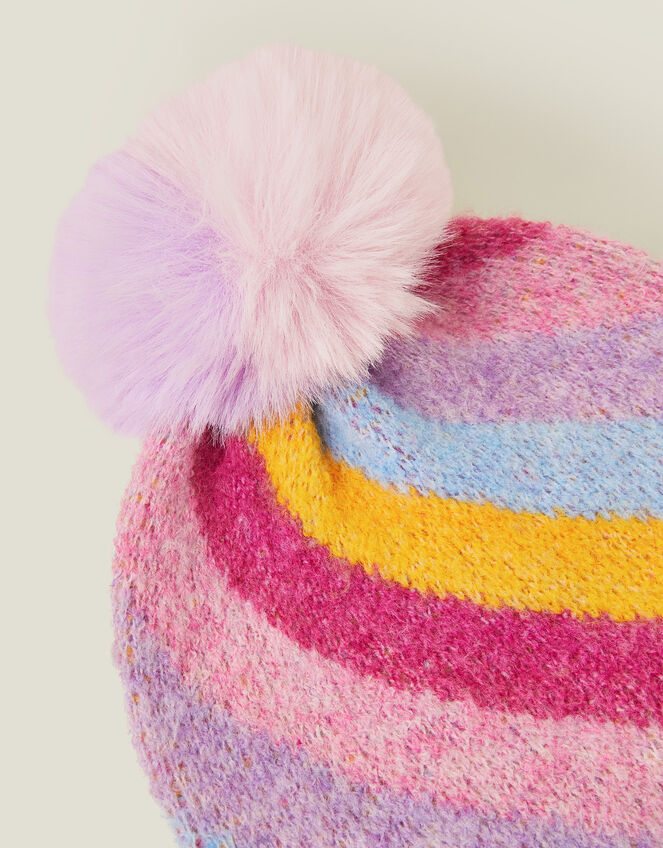Girls Stripe Fluffy Pom Beanie Hat, Multi (BRIGHTS MULTI), large