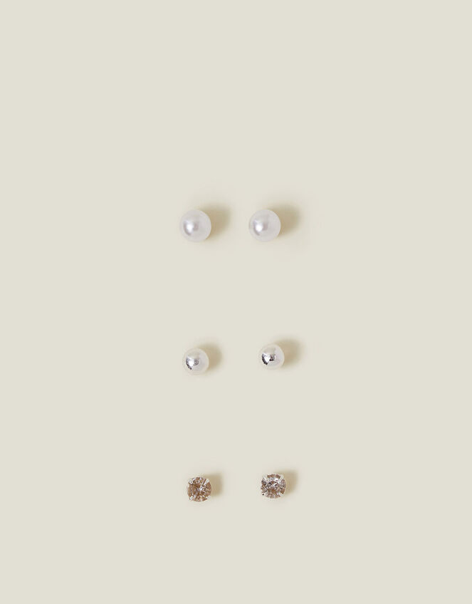 3-Pack Sterling Silver-Plated Pearl Mix Stud Earrings, , large