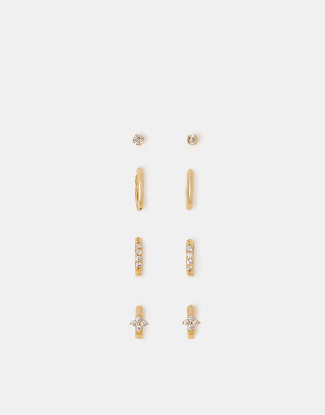 4-Pack 14ct Gold-Plated Stud & Huggie Hoop Earrings, , large