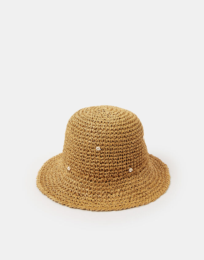 Beaded Flower Straw Bucket Hat, , large