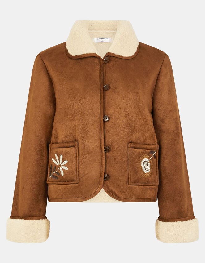 Floral Embroidered Suedette Jacket, Tan (TAN), large