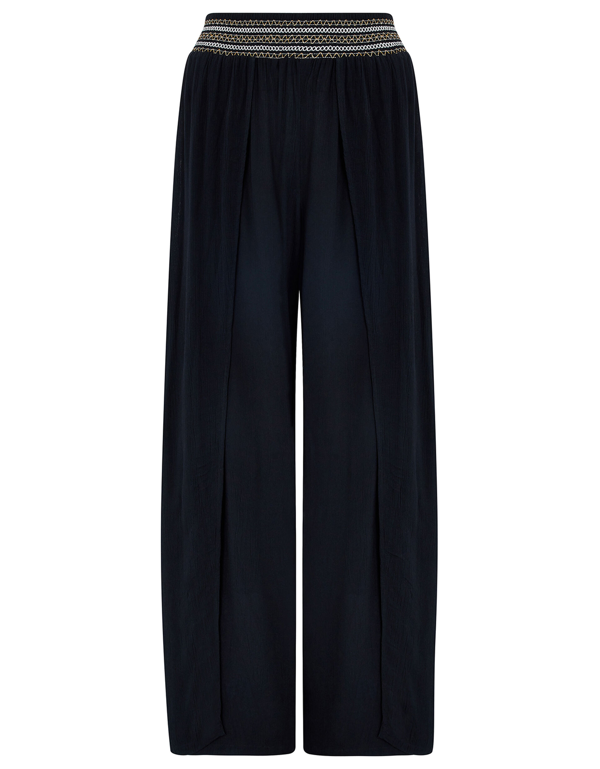 Smocked Wide Leg Beach Trousers, Black (BLACK), large