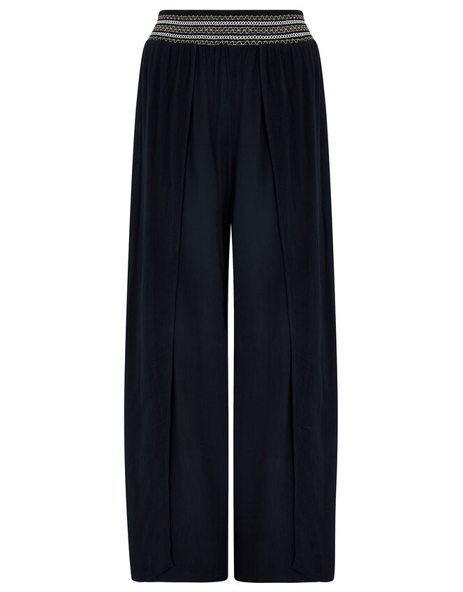 Smocked Wide Leg Beach Trousers, Black (BLACK), large