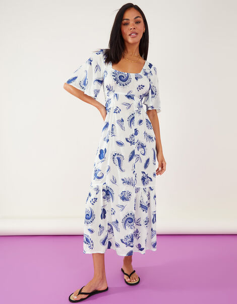 Paisley Tie Waist Midi Dress, White (WHITE), large