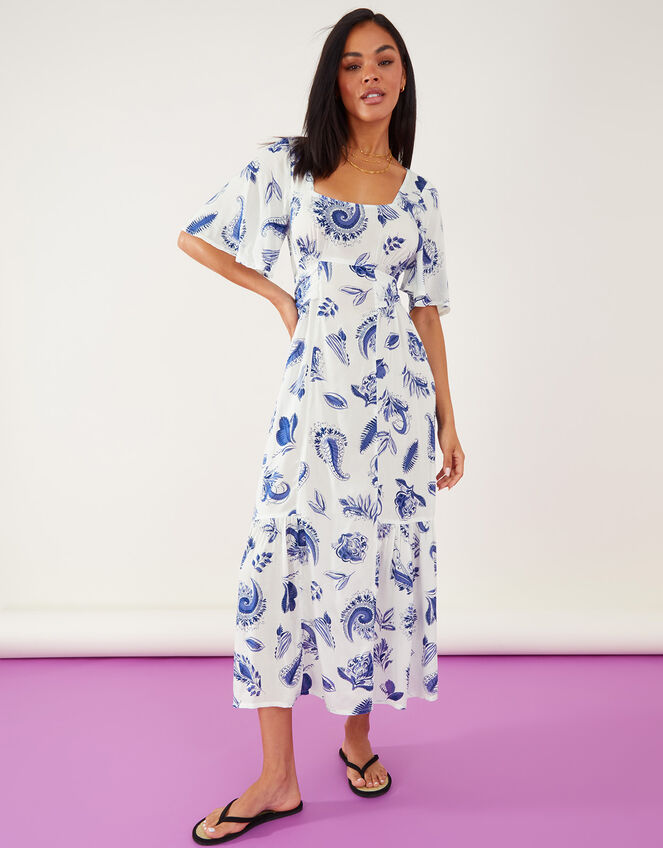 Paisley Tie Waist Midi Dress, White (WHITE), large
