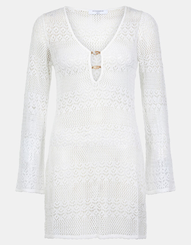 Knitted Long Sleeve Cover Up, White (WHITE), large