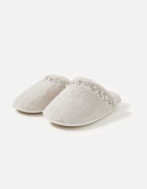 Gem Embellished Faux Fur Slippers, Cream (CREAM), large