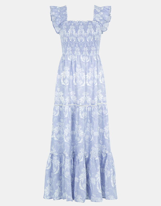 Tropical Print Smocked Maxi Dress, Blue (BLUE), large