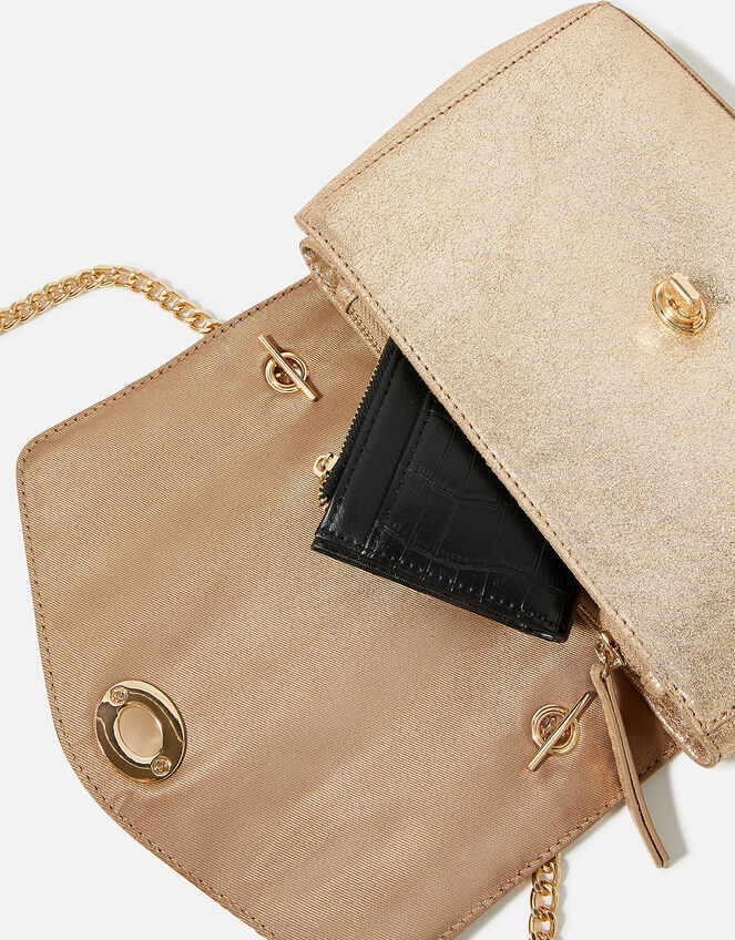 Leather Twist Lock Chain Cross-Body Bag, Gold (GOLD), large