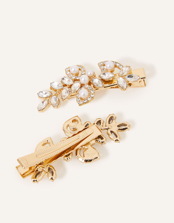 Pearl and Crystal Leaf Hair Clips Set of Two, , large
