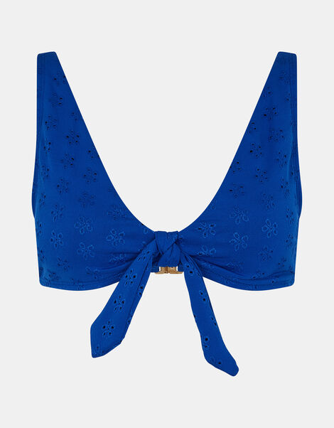 Floral Broderie Tie-Front Bikini Top, Blue (BLUE), large