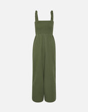 Seersucker Tie Shoulder Jumpsuit, Green (KHAKI), large