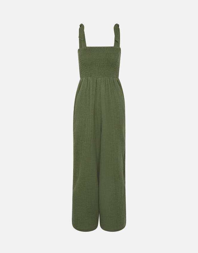 Seersucker Tie Shoulder Jumpsuit, Green (KHAKI), large