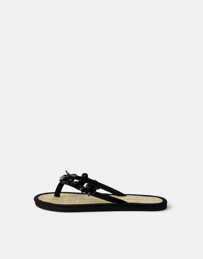 Sequin Embellished Seagrass Flip Flops, Black (BLACK), large