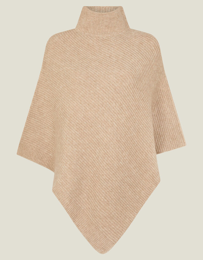 High Neck Rib Knit Poncho, , large
