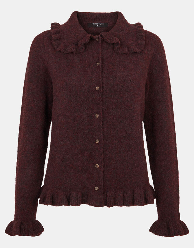 Ruffle Collar Cardigan, Brown (CHOCOLATE), large