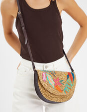 Embroidered Raffia Crossbody Bag, , large