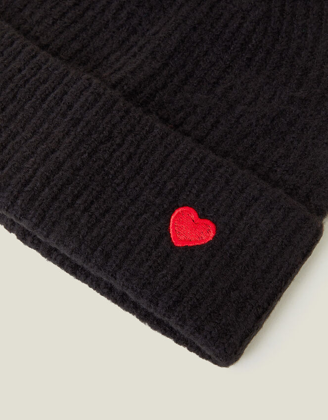 Embroidered Heart Beanie Hat, Black (BLACK), large