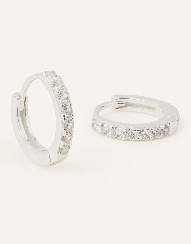 Sterling Silver Pave Mini Huggie Hoops, , large